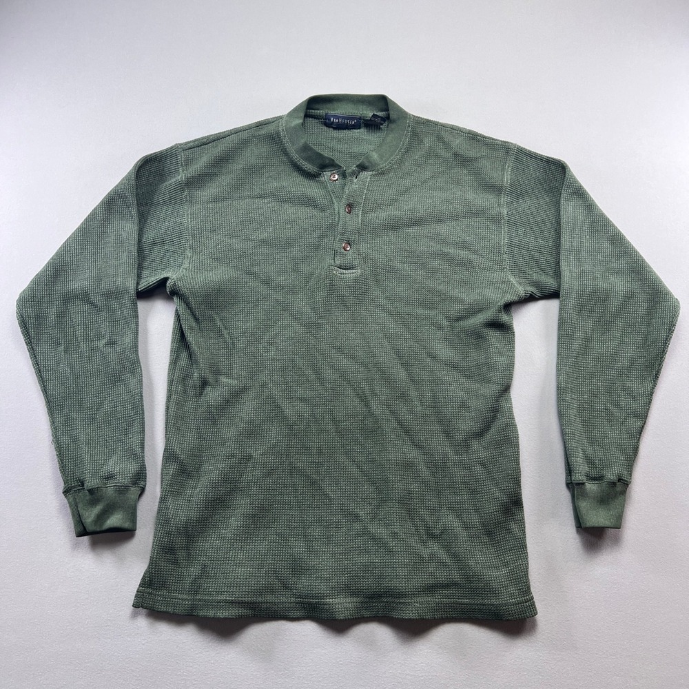 Van Heusen Henley Shirt Mens XL Olive Green Waffle Knit Thermal Long Sleeve